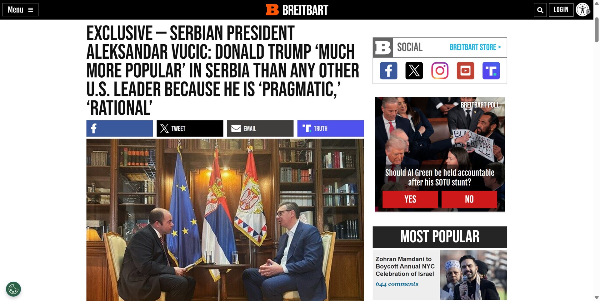 Вучиќ за Breitbart: „ТРАМП Е МНОГУ ПОПОПУЛАРЕН ВО СРБИЈА ОД БИЛО КОЈ ДРУГ АМЕРИКАНСКИ ЛИДЕР“