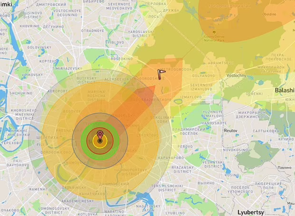 Nukemap:&nbsp;Симулација на бомбардирањето на Москва