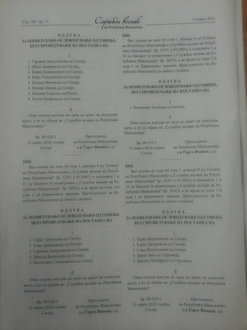 Одлука за аболиција на Зоран и Соња Верушевски, Ѓорѓи Лазаревски, Бранко Палирфов.&nbsp;После „Големото уво“, аферата со прислушување со која Бранко Црвенковски се врати на власт, Зоран Верушевски со одлука на претседателот на државата Ѓорге Иванов успеа по втор пат да избегне одговорност пред законот. Со одлуката на Иванов се прекинува кривичниот прогон и против актуелниот претседател на СДСМ Зоран Заев за случаите „Пуч“ и „Поткуп“, како и против поранешниот Црвенковски чиј предмет „Надеж“ исто така беше преземен од Специјалното јавно обвинителство.