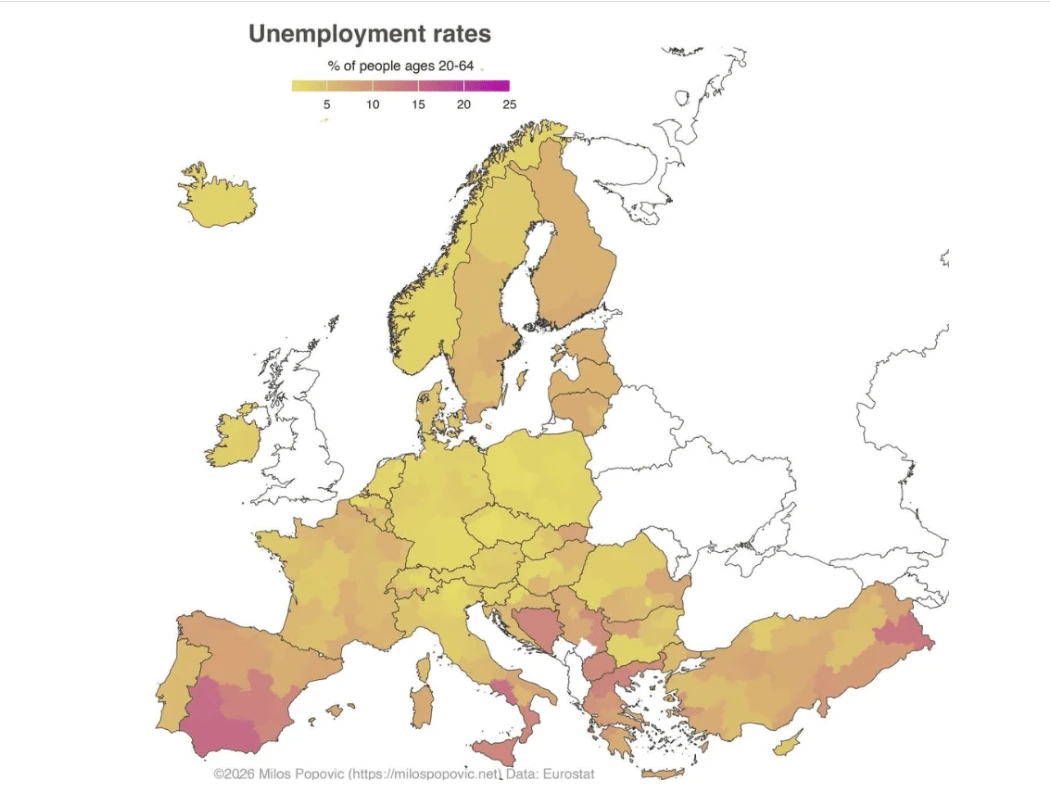 Мапа на Евростат за невработеност во Европа по региони&nbsp;