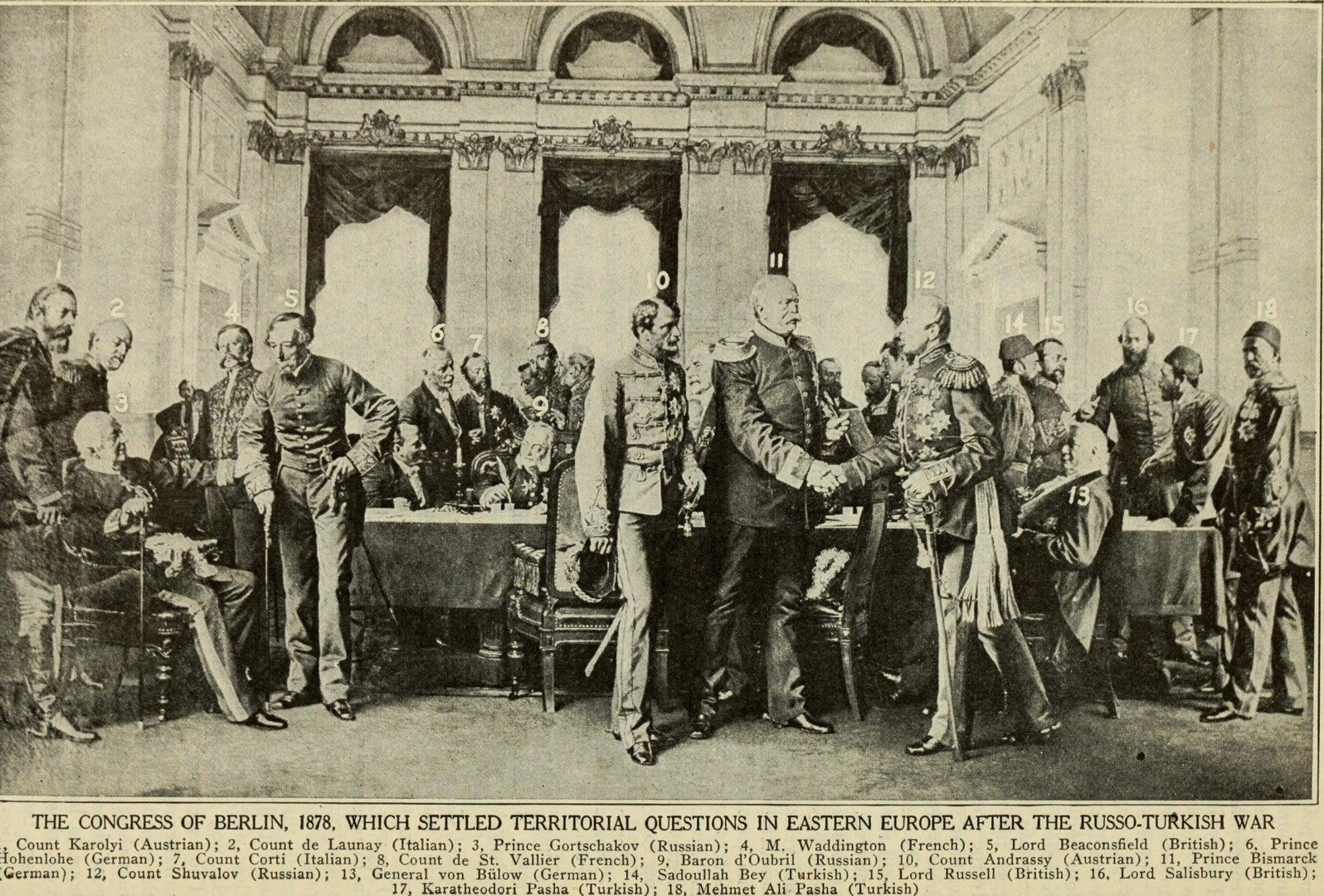 Сликата на Антон фон Вернер - Берлински конгрес (1881), го прикажува последниот состанок во Канцеларијата на Рајхот на 13 јули 1878 година. Бизмарк (кој ја претставува Германија) е прикажан во средината, помеѓу Ѓула Андраши (Австро-Унгарија) и Петар Шувалов (Русија). Лево се Алахос Кароји (Австро-Унгарија), Александар Горчаков (Русија) (седнат) и Бенџамин Дизраели (Велика Британија). На крајната десна страна е османлиската делегација; Од лево кон десно, прикажани се Садула-паша, Каратеодори-паша и Мехмед Али-паша.